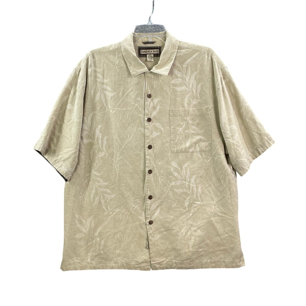 Jamaica Jaxx Button Front Men's L Tan Silk Leaf Jacquard Camp Shirt Short Sleeve